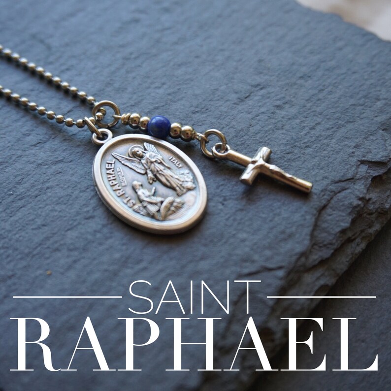 St Raphael Archangel Necklace Catholic Necklace Lapis Lazuli Etsy