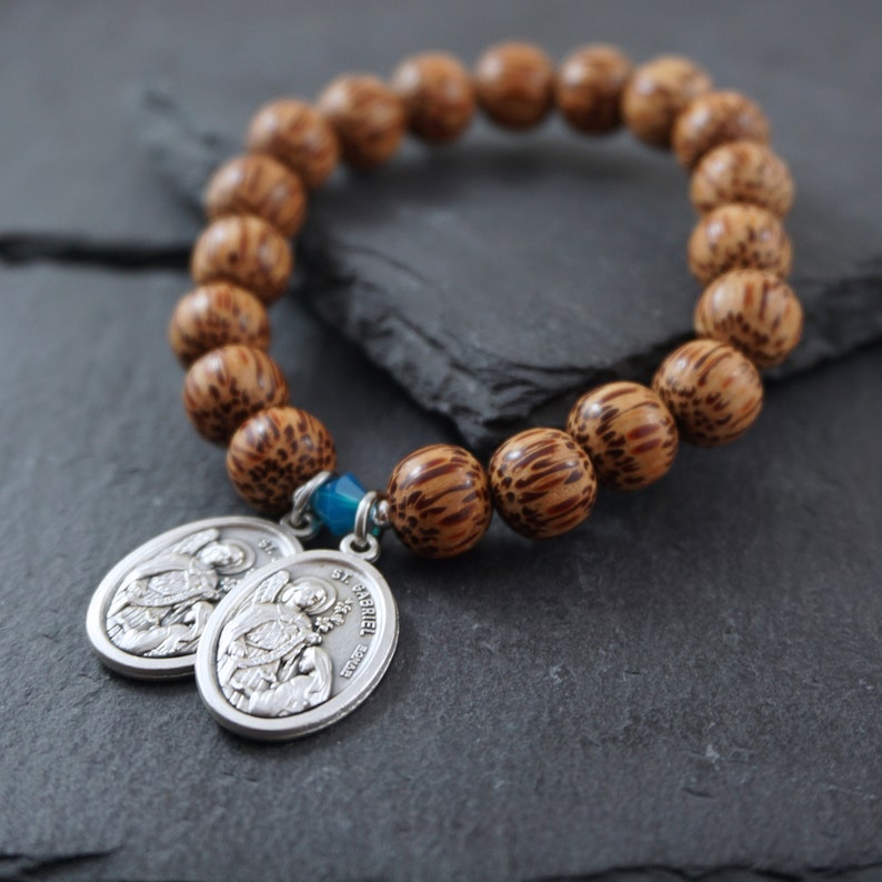 Choose your Saints Bracelet St Gabriel Catholic Unisex jewelry St Anthony St Michael St Dymphna Handmade with coconut wood and Crystal