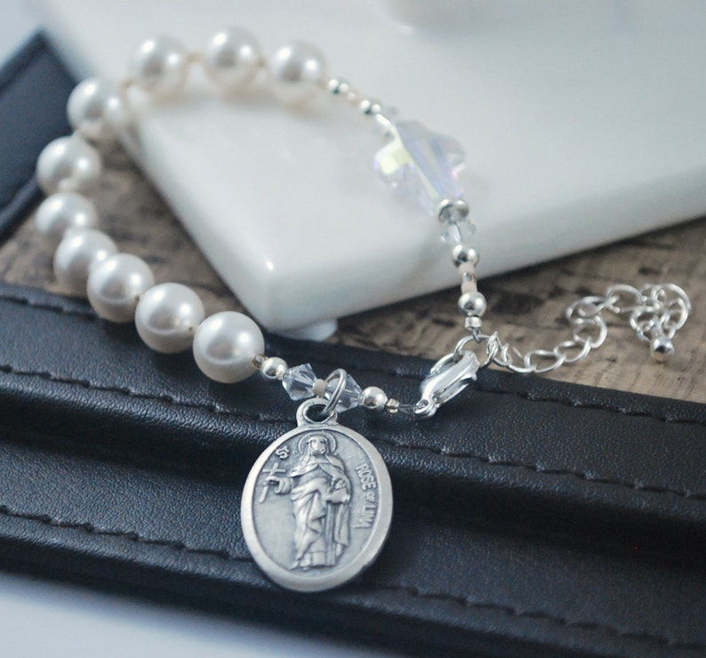 Pearl Rosary bracelet with St Rose of Lima medal Swarovski | Etsy