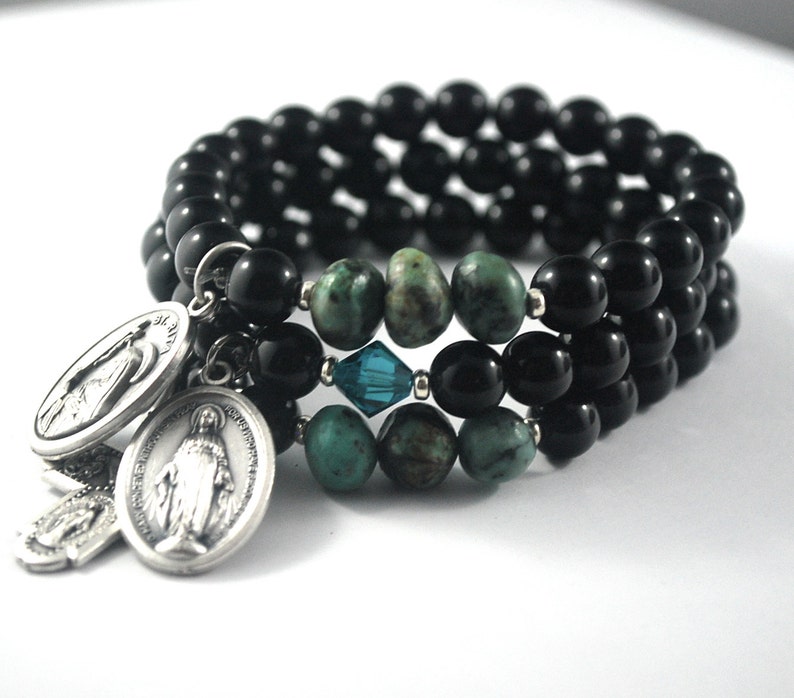 Stack of 3 bracelets onyx St Rita Saint Rita Miraculous Turquoise Catholic bracelets with evil eye for protection Cross bracelet set