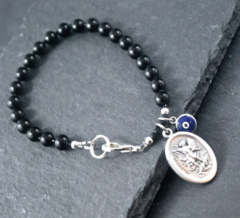 Mens St Michael Bracelet Evil Eye Black Onyx Catholic Saint Etsy