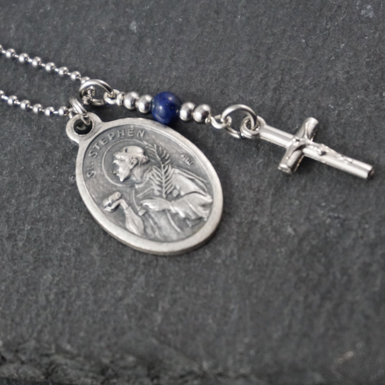 St Stephen Necklace catholic Saint necklace Lapis Lazuli Etsy