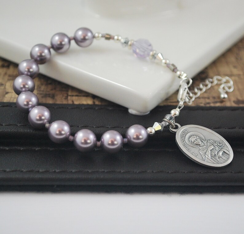 St Philomena Purple Pearl Rosary Bracelet Mauve Swarovski Etsy