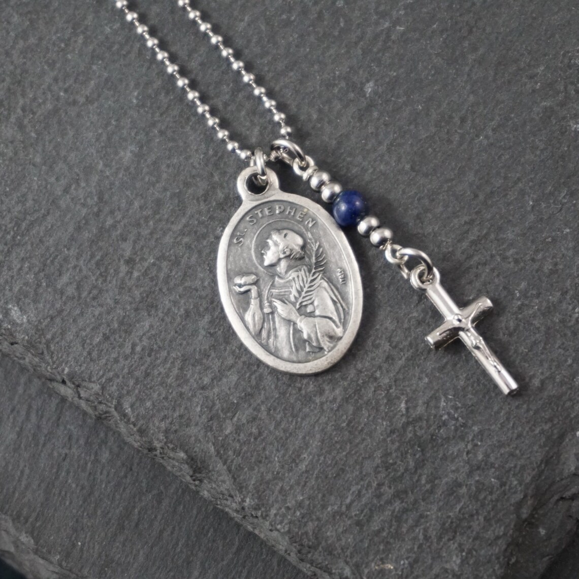 St Stephen Necklace catholic Saint necklace Lapis Lazuli Etsy