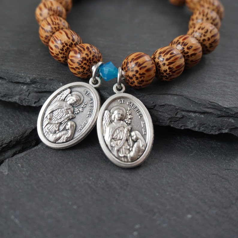 Choose your Saints Bracelet St Gabriel Catholic Unisex jewelry St Anthony St Michael St Dymphna Handmade with coconut wood and Crystal