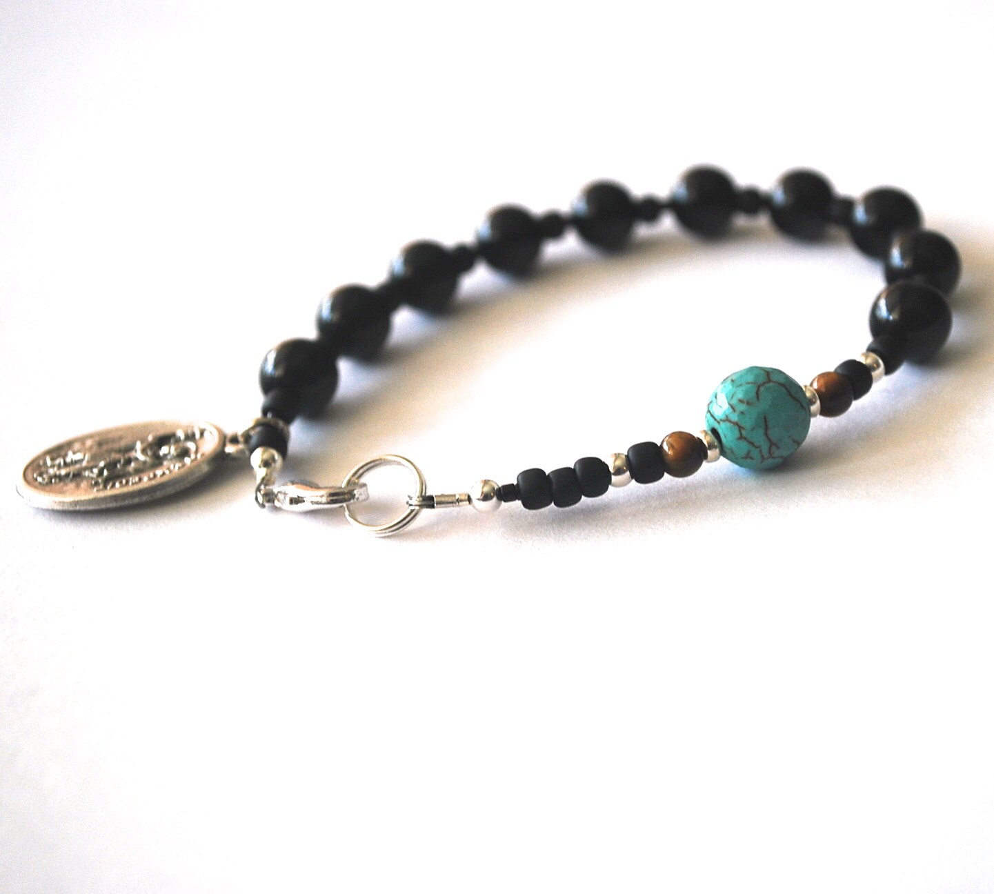 Jewelry Black Onyx Tigers Eye Turquoise Saint Charles Borromeo Bracelet Male confirmation Gift