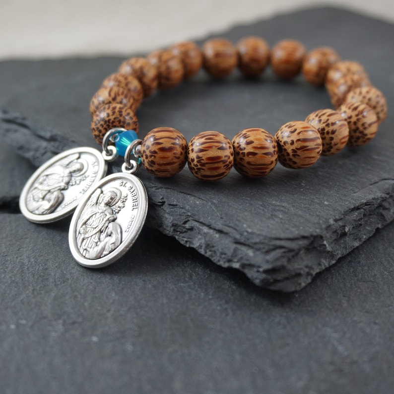 Choose your Saints Bracelet St Gabriel Catholic Unisex jewelry St Anthony St Michael St Dymphna Handmade with coconut wood and Crystal