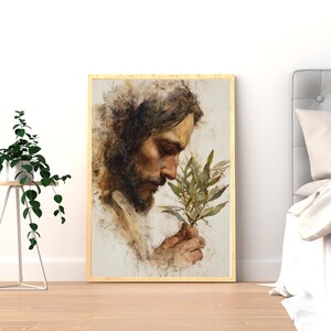 Arte mural de Jesucristo, decoración cristiana moderna para el hogar, lámina de retrato religioso, pintura de Jesús sosteniendo una rama, regalo espiritual, arte basado en la fe.