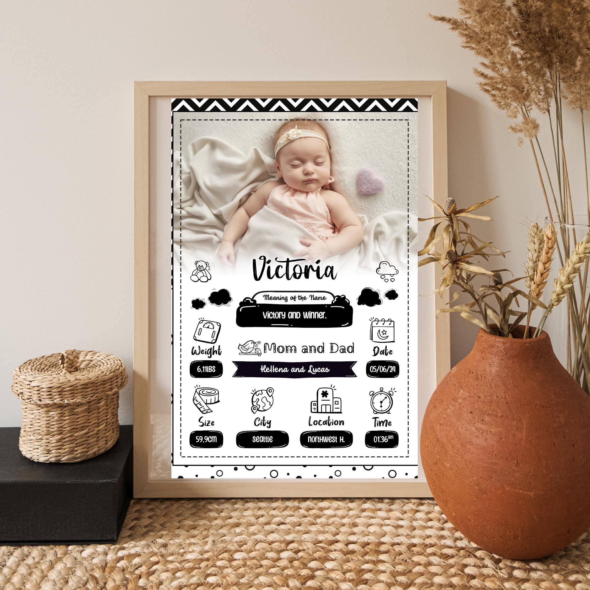 Personalized Baby Birth Stats Poster – Custom Black & White Newborn ...