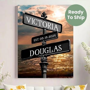 Personalized Sunset Ocean Heart Street Sign For Couples Custom Name, Date Street Sign Canvas Print, Crossroads Street Sign Anniversary Gift