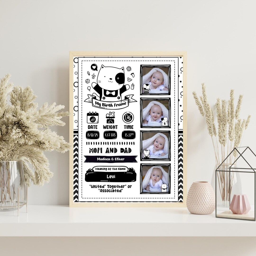 Personalized Baby Birth Stats Poster – Monochrome Newborn Print, Black ...