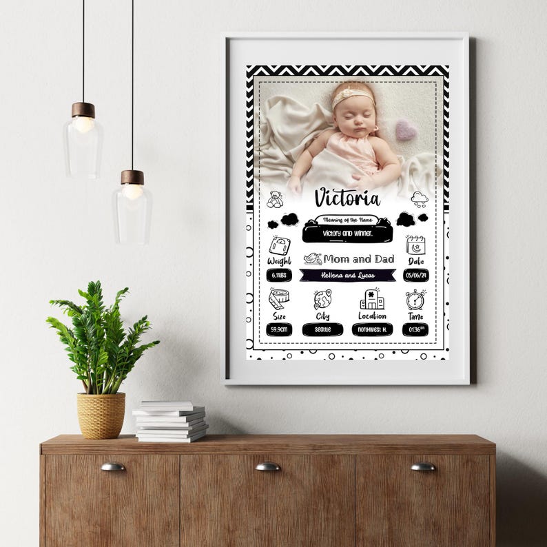 Personalized Baby Birth Stats Poster – Custom Black & White Newborn ...