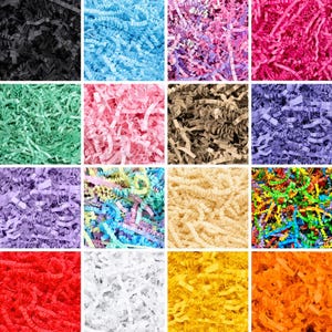 May include: A selection of colourful crinkle paper, ideal for gift wrapping. The colours include black, light blue, medium blue, pink, magenta, green, light pink, brown, purple, lavender, pastel, cream, and multi-coloured.