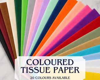 May include: A fan of colorful tissue paper sheets in various shades, including brown, green, pink, blue, orange, and purple. The image features the text "COLOURED TISSUE PAPER" and "20 COLOURS AVAILABLE".