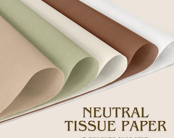 May include: A stack of five sheets of neutral-colored tissue paper, including beige, green, cream, brown, and white. The text "NEUTRAL TISSUE PAPER" and "5 COLOURS AVAILABLE" are displayed in a brown font.