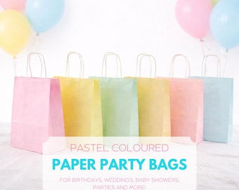 May include: A row of pastel-colored paper party bags in pink, yellow, green, peach, and blue, with white handles. The bags are arranged in front of a white background with pastel balloons. Text on the image reads: "PASTEL COLOURED PAPER PARTY BAGS FOR BIRTHDAYS, WEDDINGS, BABY SHOWERS, PARTIES AND MORE!"