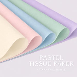 May include: A selection of pastel-coloured tissue paper in yellow, pink, blue, green, and purple. The image displays several sheets of tissue paper, with the text "PASTEL TISSUE PAPER" and "5 COLOURS AVAILABLE".