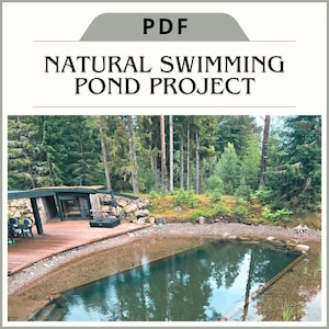 May include: Image of a natural swimming pond project. The image shows a rectangular pond with clear water, surrounded by a wooden deck and lush green trees. The text "PDF NATURAL SWIMMING POND PROJECT" is at the top.