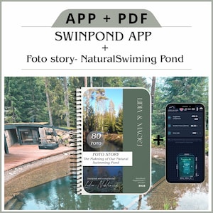 Op de afbeelding: Afbeelding met een spiraalgebonden boek met de titel "FOTO STORY The Making of Our Natural Swimming Pond" en een smartphone met een app-interface. De tekst "SWINPOND APP" is ook zichtbaar.