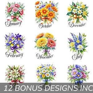 Collection de cliparts floraux colorés de fleurs du mois de naissance avec 12 modèles en prime pour téléchargement immédiat et sublimation