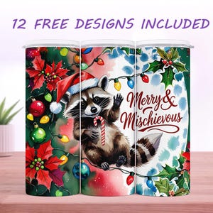Merry & Mischievous Raccoon SEAMLESS 20 oz Skinny Tumbler Sublimation Design Digital Download png Instant DIGITAL ONLY