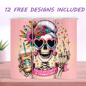 Fueled by coffee and feminist rage SEAMLESS 20 oz Skinny Tumbler Sublimation Design Digital Download png Instant DIGITAL ONLY