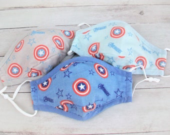 3-8 Years - Captain American - 2 Layer Adjustable Cotton Mask, Washable