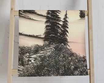 May include: A landscape-themed bath towel featuring a serene scene of a path winding through a field of tall grass, leading to a forest of evergreen trees. The artwork is in shades of black, white, and beige.