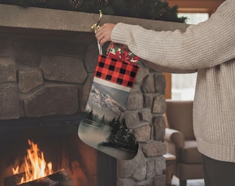 Christmas Stocking Vintage Linen with Plaid Cuff  Cozy Holiday Decor