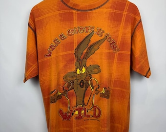 Vintage 90s Wile E Coyote Is Going Wild Tshirt Orange Plaid Warner Bros Looney Tunes All Over Print Tee Size S