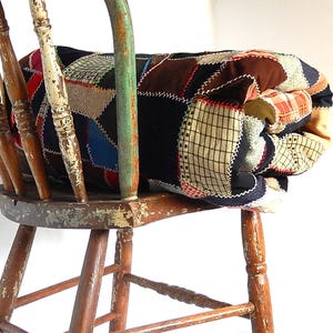 Antique Crazy Quilt with WWI Navy Sleeve Badge Chief Petty Officer, Vintage Folk Art Wool Quilt Blanket, Country Farmhouse Quilt