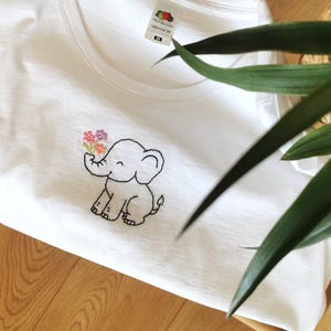Hand Embroidered Elephant T-Shirt, Lucky Gift for Her, Floral Cotton Tee, Cute Animal Shirt, Handmade Embroidery Top,