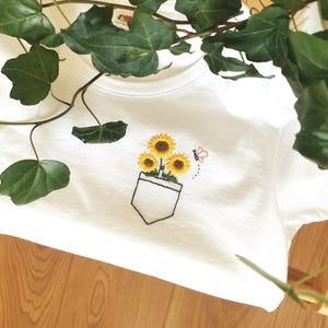 Sunflower Embroidered T-Shirt, Hand Stitched Floral Pocket Tee, Hand Embroidered Flowers, Floral Shirt, Personalized Custom Gift for Her