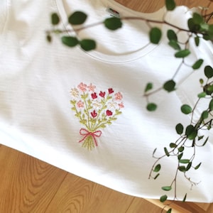 Hand Embroidered Pink Flowers T-Shirt, Floral Cotton Tee, Custom Romantic Embroidery, Gift for Her, Handmade Summer Shirt, Floral Heart