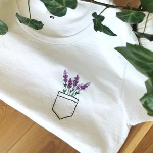 Lavender Embroidered T-Shirt, Hand Embroidered Pocket Flowers, Minimal Floral Shirt, Lavender T-Shirt, Gift For Her, Custom Floral Tee