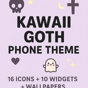 Pode incluir: Gráfico de download digital em um fundo lilás claro. O texto diz "KAWAII GOTH PHONE THEME" com ícones de caveira, cruz, lua, estrelas, coração e fantasma. Inclui 16 ícones, 10 widgets e papéis de parede.
