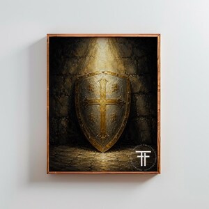 Medieval Knight Shield Wall Art - Moody Dark Armor Painting, Vintage Faith Inspired Decor, Golden Cross Print, Digital Download 19