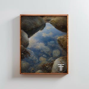 Peut inclure: Une impression d'art encadrée montrant une vue en plongée d'une mare résiduelle aux eaux claires entourée de gros rochers lisses de couleur beige. L'eau reflète un ciel bleu avec des nuages blancs. Un logo blanc avec les lettres TF est visible.