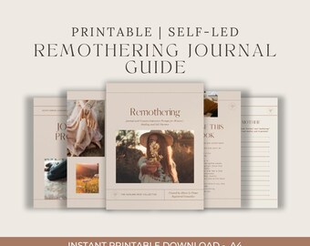 Op de afbeelding: Een printbare, zelfgeleide journal-gids voor remothering. De omslag toont een vrouw in een veld met een bloemenkrans en een journal met de titel "Remothering" erop. De tekst "Direct printbare download - A4" staat onderaan de afbeelding.