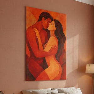 May include: A canvas print titled "Passionate Embrace" shows an abstract couple embracing, in red and orange hues. The artwork hangs above a bed with neutral bedding. The text "Passionate Embrace Canvas Art" is visible.