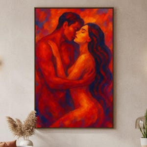 May include: A framed painting of a couple embracing, in warm red and orange tones with blue accents. The artwork hangs above a wooden cabinet, complemented by a neutral-toned sofa, rug, and decorative elements, creating a cosy interior setting.
