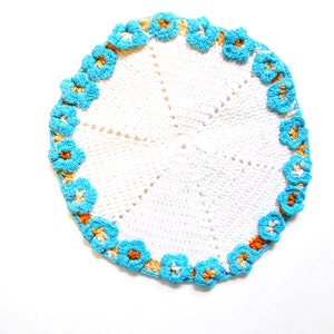 Vintage Crocheted Doily, Hotpad, White and Turquoise image 1