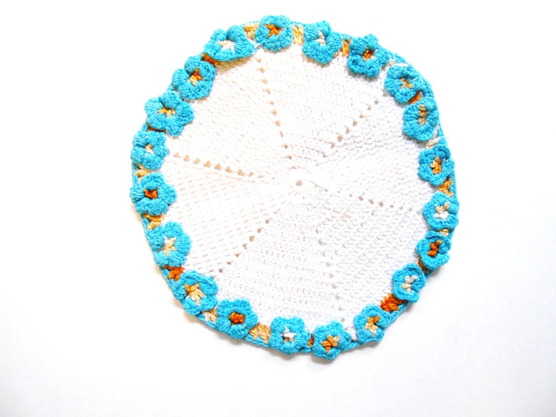 Vintage Crocheted Doily, Hotpad, White and Turquoise image 1