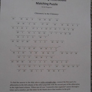 Puede incluir: Una hoja impresa con un "Tongue Twisting Alliterations Matching Puzzle" de Jay Waggoner. El rompecabezas presenta espacios en blanco numerados e instrucciones para conectar aliteraciones. El título "Chicanery in the Chimney" está en la parte superior.