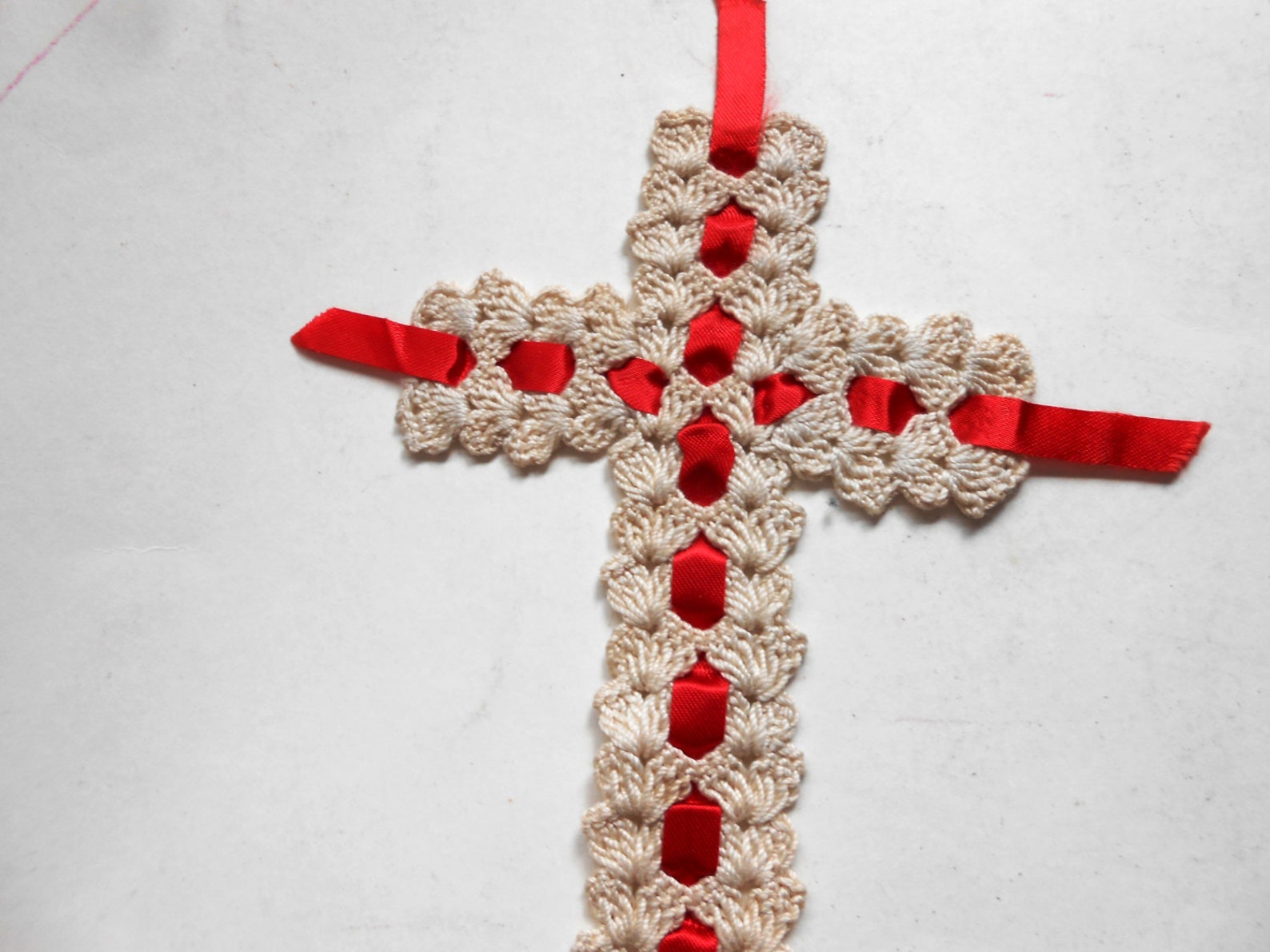 Vintage Crocheted Crosses, Red Ribbon, Dark Pink Etsy