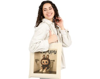 cute pet monster lovers graphic cotton canvas tote shopping gift bag [labubu inspired] funny toilet bathroom eco-friendly street pop art