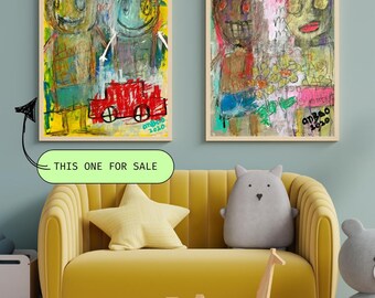 anBao original painting [smiley zombie car outsider stick man brut lowbrow abstract child-like basquiat-esque art]