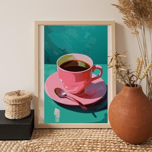 Printable Pink Coffee Cup Digital Print | Pop Art Kitchen Wall Decor | Retro Modern Coffee Bar Artwork | Instant Download PDF