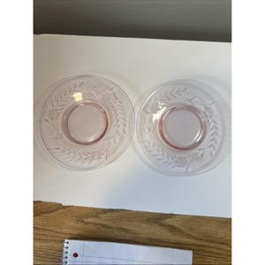 2 vintage rosa depressionglastallrikar, etsad med blomma och stjälk/löv