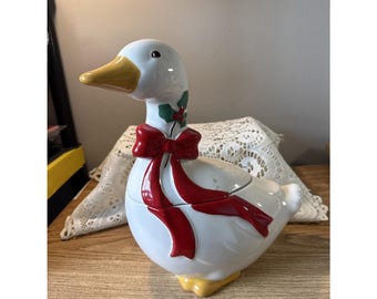 Vintage Mother Goose keramische koekjestrommel rode strik oranje voeten kerst